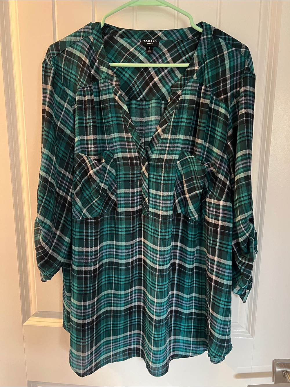 Torrid Teal and Black Plaid Button-Front Blouse